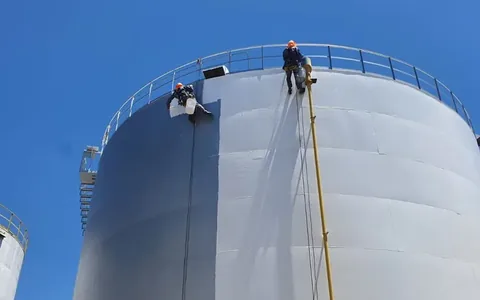 Operarios aplicando recubrimiento anticorrosivo sobre un estanque de acero industrial
